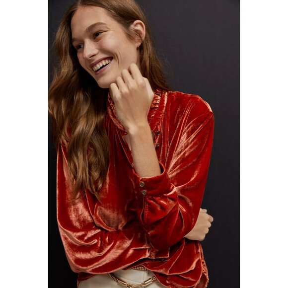 ANTHROPOLOGIE Kristianne Orange Velvet High Neck Ruffle Trim Blouse, Size XS - Picture 3 of 13